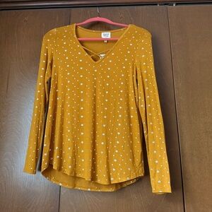 neon soul Mustard Yellow Pullover V-Neck Silver Star Lightweight Tunic Sz XS